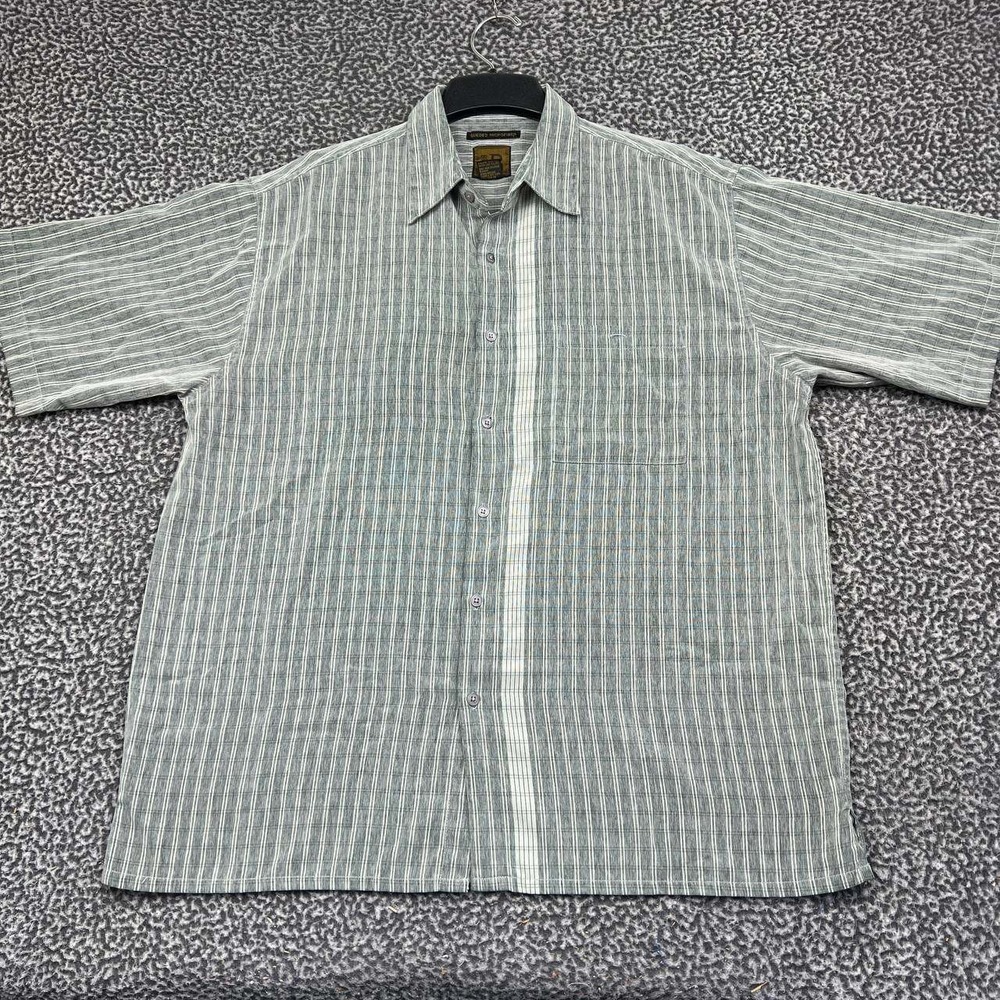 Bruno Sueded Microfiber Button Up Shirt Men XL Gray Green Short Sleeve Striped
